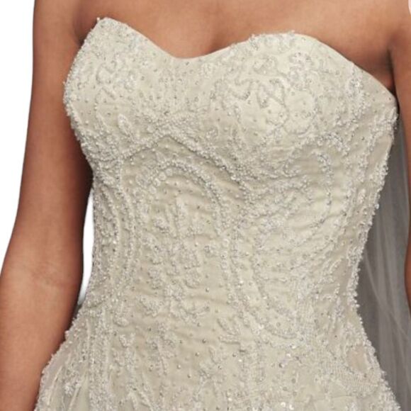 Oleg Cassini Beaded Lace Tulle Strapless Wedding Gown Formal Size 10 - Picture 3 of 11